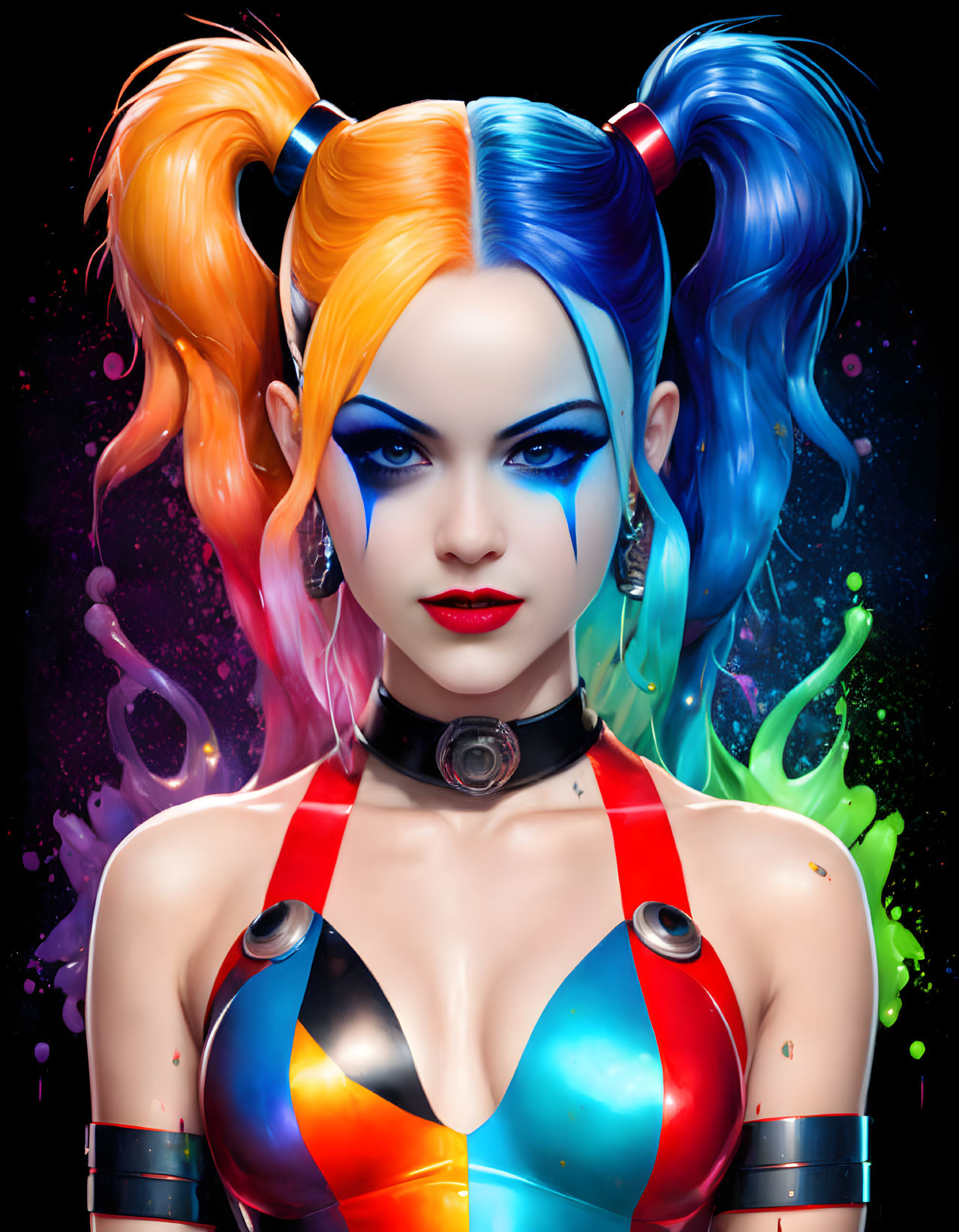 Colorful Hair and Striking Makeup on Woman in Futuristic Outfit