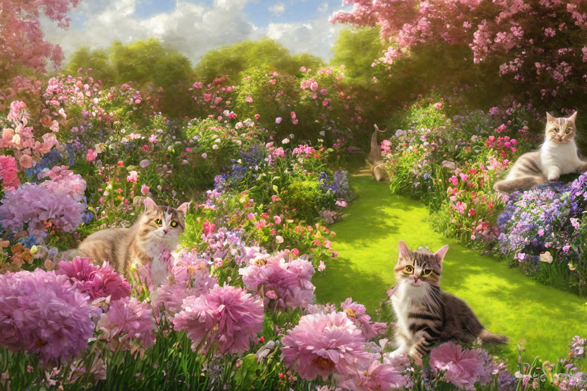 Tranquil garden scene with vibrant flowers and three lounging cats