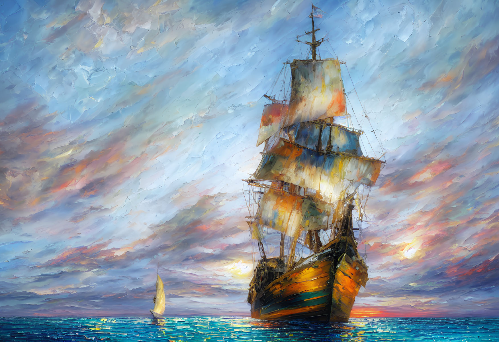 Majestic sailing ship on tranquil blue waters at sunset