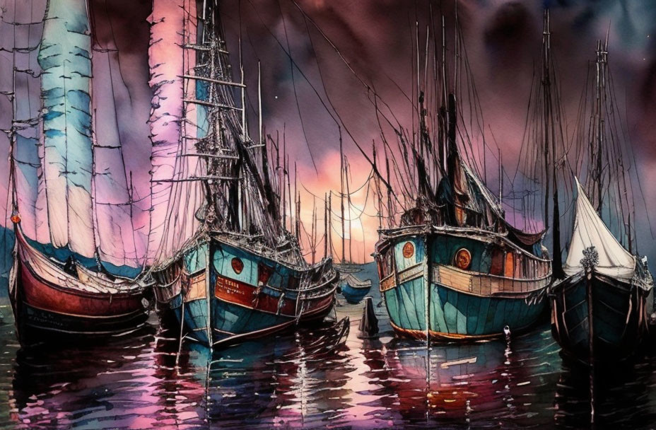 Three old sailing ships at dock in watercolor illustration