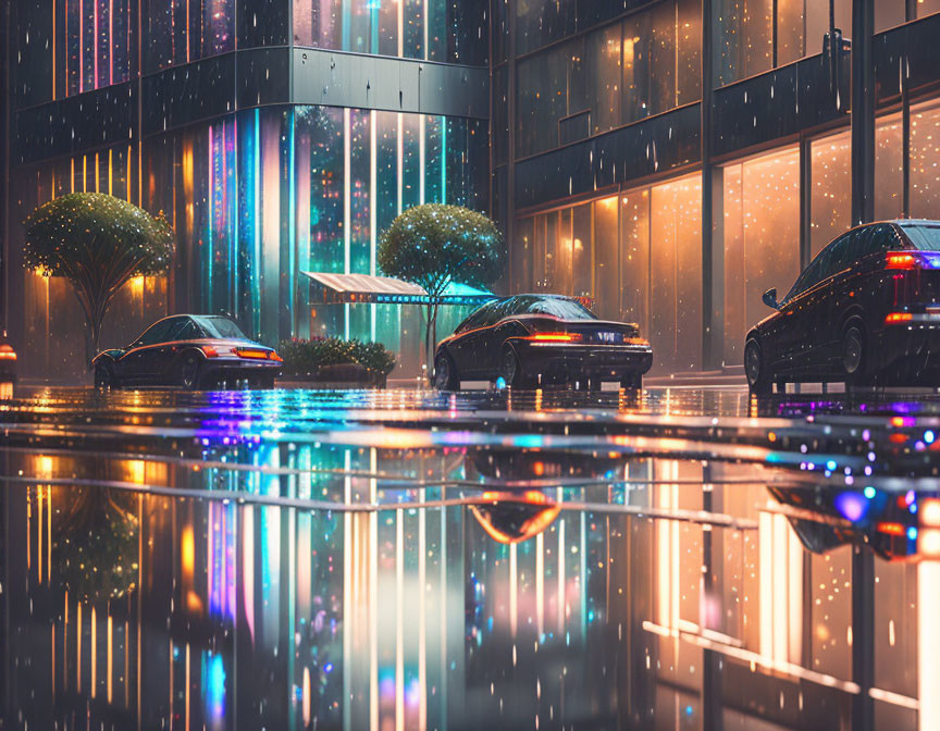 Rain-soaked street at night with parked cars and neon lights.