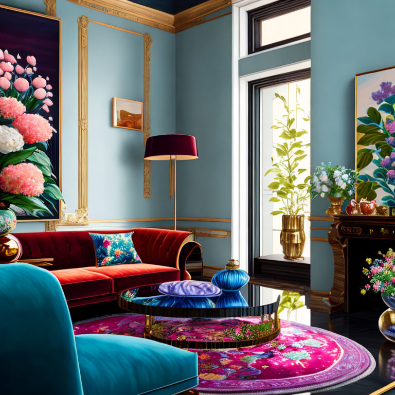 Eclectic blue room with gold frames, floral art, red sofa, teal chairs, and bold rug