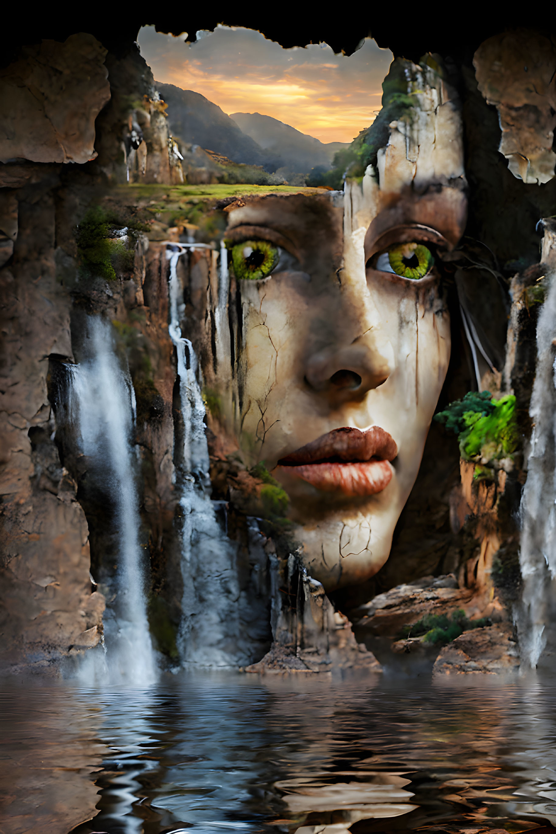 Surreal image merges woman's face with waterfall landscape