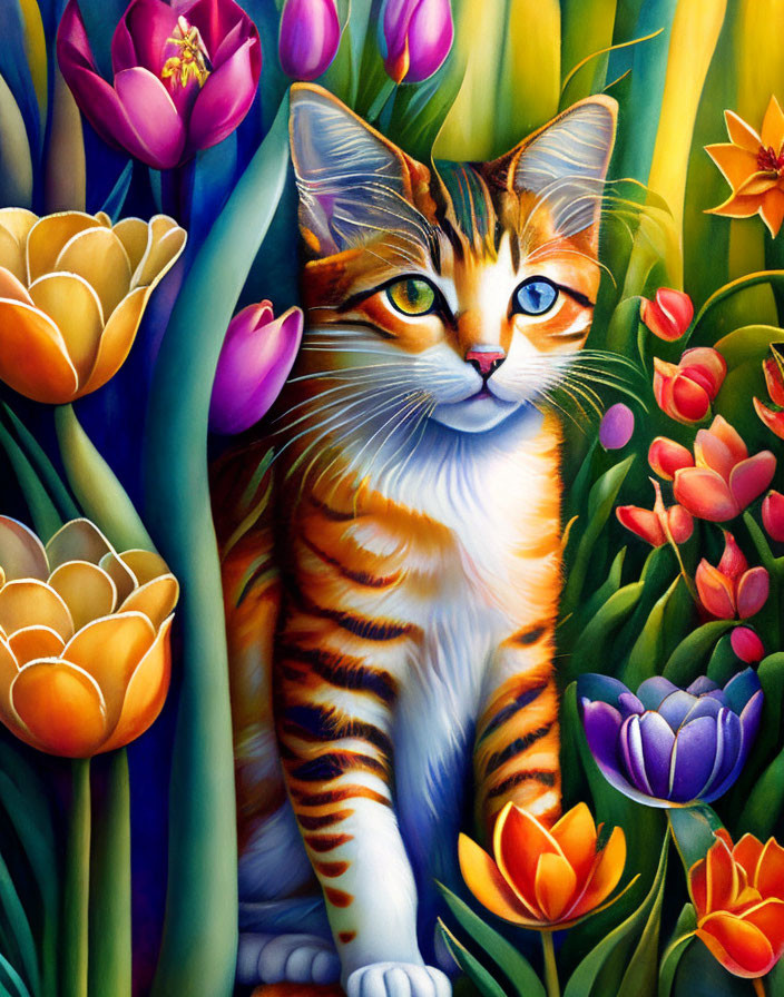 Kitty Hiding Behind The Tulips 