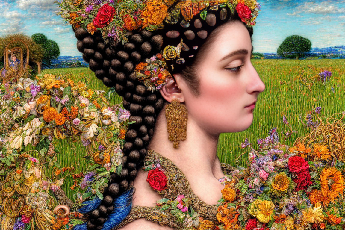 Elaborate Braided Hairstyle with Floral Adornments on Woman against Vibrant Floral Backdrop
