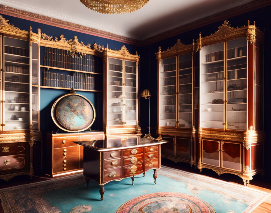 Luxurious Library with Bookshelves, Globe, Writing Desk, and Warm Lighting