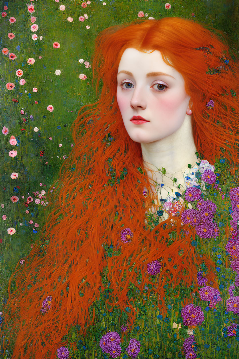 Vibrant Red-Haired Woman in Pre-Raphaelite Style Portrait