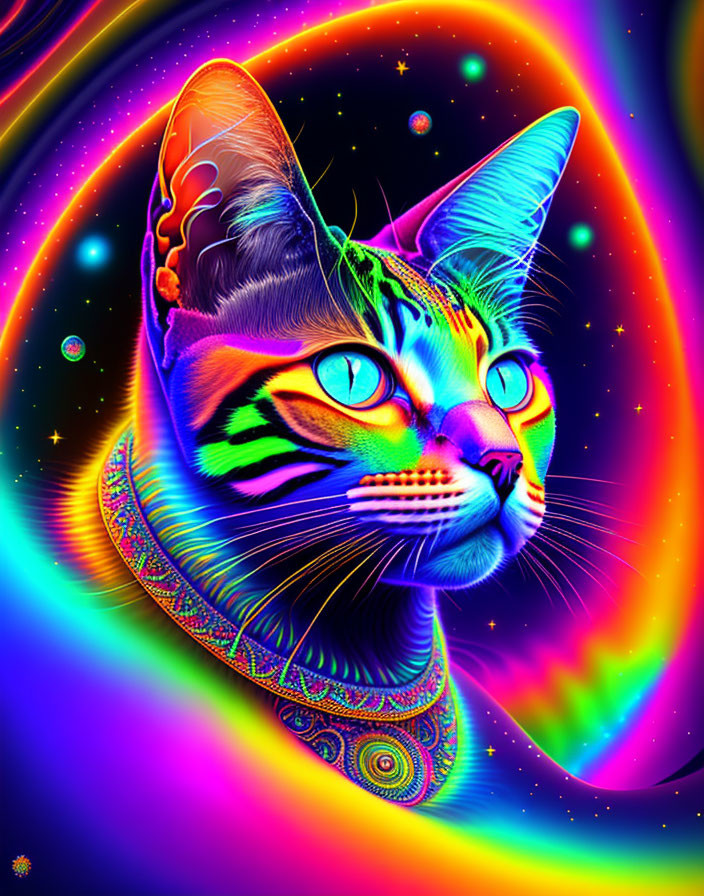 Colorful Psychedelic Cat Art in Cosmic Setting
