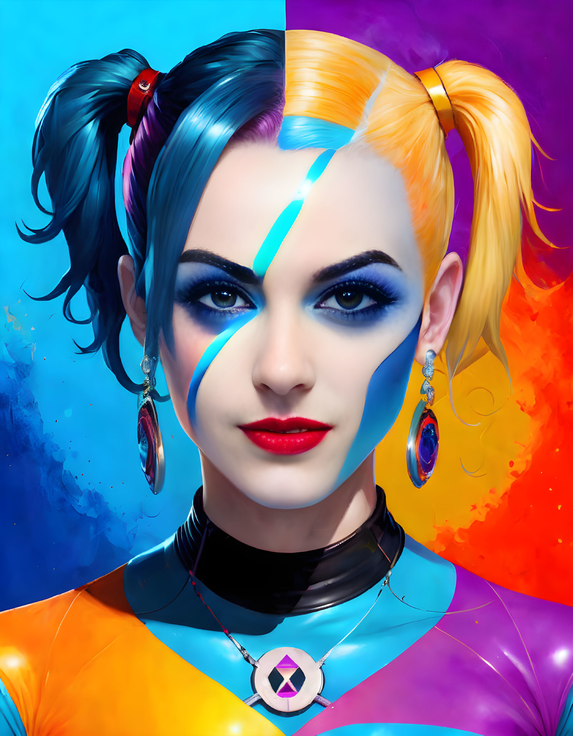 Stylized female portrait with colorful makeup and hair and blue streak on face