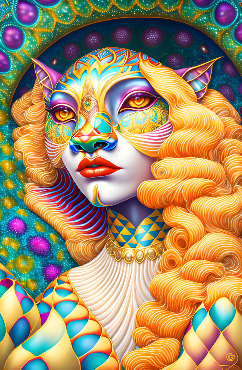 Colorful female figure with cat-like features and cosmic background