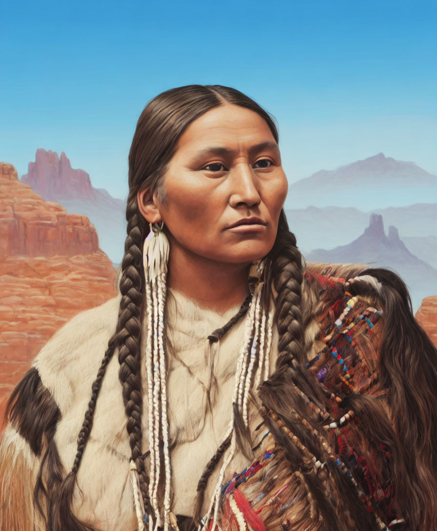 Native American Woman in Traditional Clothing with Braided Hair in Desert Canyon