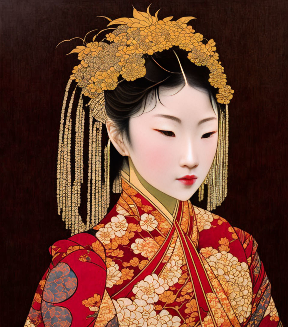 Traditional Japanese Attire Portrait with Golden Floral Patterns