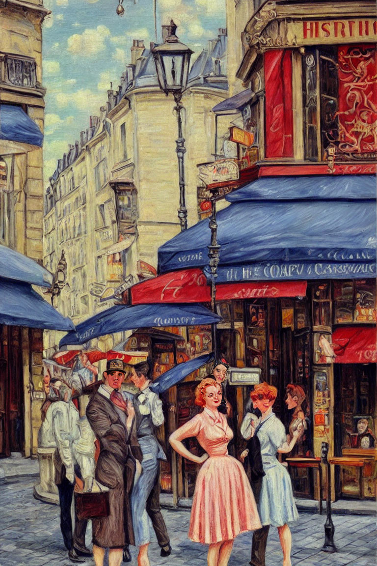 Colorful street scene painting with vintage attire people near Parisian cafés & blue awnings.