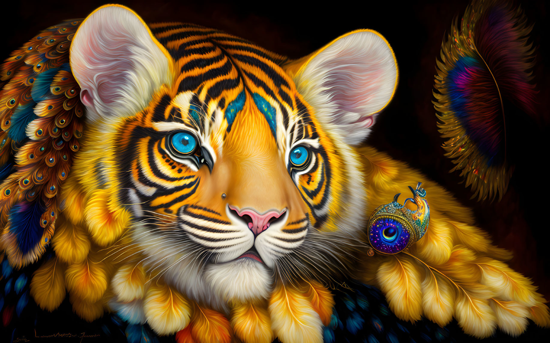 Fantasy Harlequin Tiger Cub with Peacock Feathers 