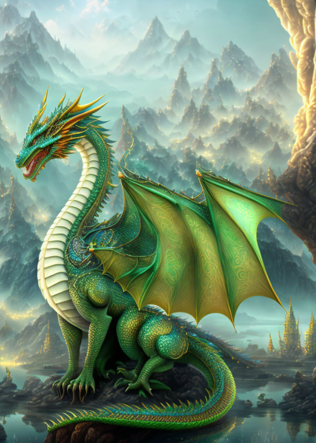 Majestic green dragon with ornate scales and large wings in mountain backdrop