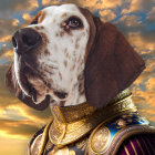 Majestic dog in royal attire against cloudy sky