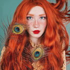 Striking red-haired woman blends with vibrant peacock feathers
