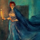 Red-haired woman in flowing blue dress holding a candle in dimly lit room