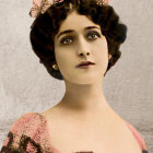 Vintage-inspired portrait of a woman with curly black hair, pink rose, lace dress, and gold earrings
