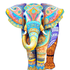 Colorful Elephant Illustration with Psychedelic Patterns on Black Background
