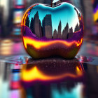 Shiny apple sculpture reflects cityscape on wet surface