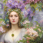Serene woman with floral crown among blooming flowers and vintage clocks in violet backdrop
