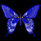 Symmetrical fantasy faces with blue patterns forming butterfly on black background
