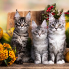 Adorable Kittens with Striped Fur Among Autumn Pumpkins