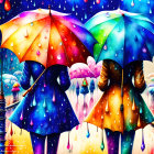 Vibrant umbrellas in the rain on reflective surface