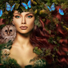Woman with Red Hair, Blue Butterflies, Owl, and Nature Scene