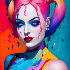 Colorful digital portrait of woman with pink and blue hair, dripping eye makeup, and blood drop on