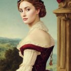 Victorian-style portrait of a woman in burgundy dress with updo hairstyle