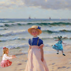 Vintage beach painting: Three girls in dresses, one in blue hat, on beach with seascape