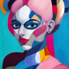 Vibrant female figure with geometric makeup and pastel hair on blue background