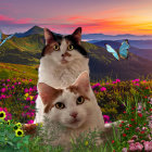 Three cats among vibrant flowers and butterflies under colorful sunset sky