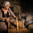 Traditional Dutch woman pouring milk with bread and fruits in dimly lit room