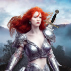 Red-Haired Female Fantasy Character in Silver Armor in Mountainous Landscape