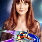 Colorful digital artwork: Woman with galaxy hair, Rubik's cube, cosmic background