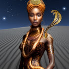 Regal person with gold jewelry and snake under starry sky and sand dunes