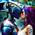 Colorful robot and woman with purple hair in affectionate moment under rainy backdrop