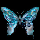 Stylized profiles of women with butterfly wing-shaped hair on dark background