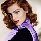 Woman with Wavy Hair and Red Lipstick in Purple Scarf Portrait