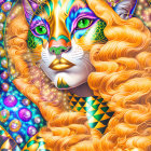 Colorful geometric illustration of woman with cat-like features and crowned cat above her head