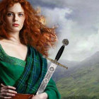 Red-haired woman in green medieval dress wields sword under dramatic sky