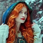 Young woman with red hair and blue cloak in snowy forest, intricate details and rich colors.