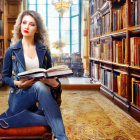 Female character in blue suit with glasses holding tablet in library setting with wooden bookshelves and chandelier