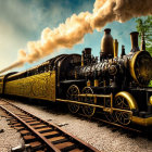 Vintage steam locomotive with golden trim in lush forest scenery