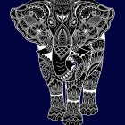 Intricate gold and blue patterned elephant under starry night sky