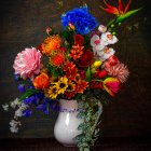 Colorful Multicolored Flower Bouquet in Ornate Vase on Dark Background