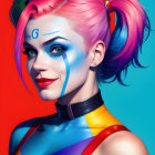 Colorful digital portrait of a woman with pink and blue hair and vivid makeup in a multicolored